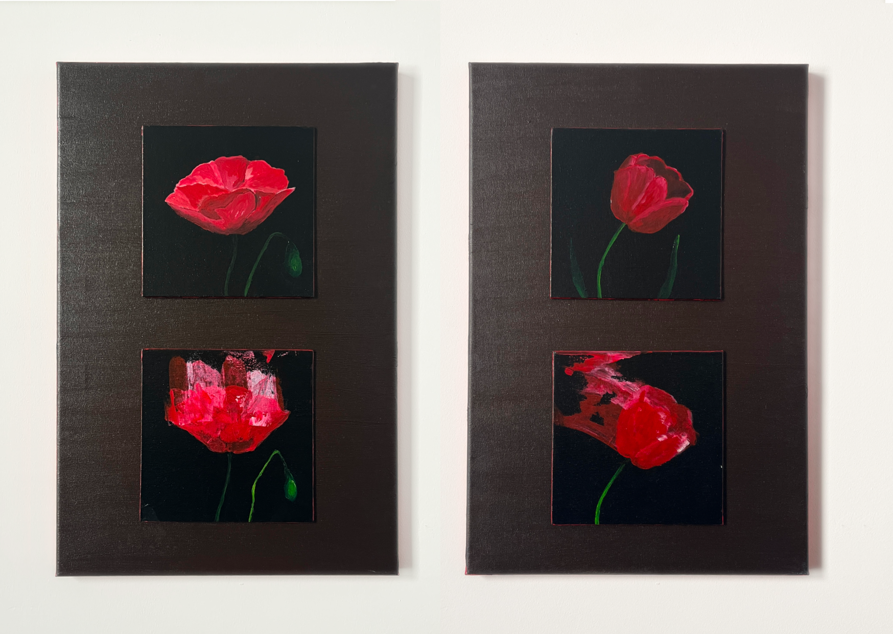 A diptych of two acrylic paintings on dark canvases, each featuring two small square paintings of red flowers on a black background. The top images in both pieces depict fully intact, detailed flowers, while the bottom images show the same flowers disrupted—one with rough, smeared brushstrokes and the other appearing partially erased with streaks of paint trailing off. The contrast between precision and distortion creates a sense of fragmentation and decay. acrylic painting, diptych, red flowers, black background, destruction, decay, distortion, erasure, contrast, expressive brushwork, fragmentation, contemporary art