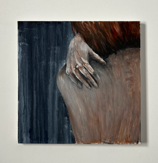 An oil painting depicting a close-up of a bare-shouldered figure with a hand resting on their upper back. The hand appears tense, with pale, almost ghostly highlights contrasting against the muted, earthy tones of the skin. The figure’s head is partially visible, with reddish-brown hair cascading over their shoulder. The background is textured with vertical streaks of deep blue and gray, resembling a curtain or rainfall, adding a somber and introspective mood. The painting conveys a sense of solitude, vulnerability, or self-comfort, with expressive brushstrokes enhancing the raw emotional tone.oil painting, expressive realism, human figure, self-touch, solitude, vulnerability, tension, muted palette, earthy tones, dark background, emotional, melancholic, texture, chiaroscuro, movement, introspection