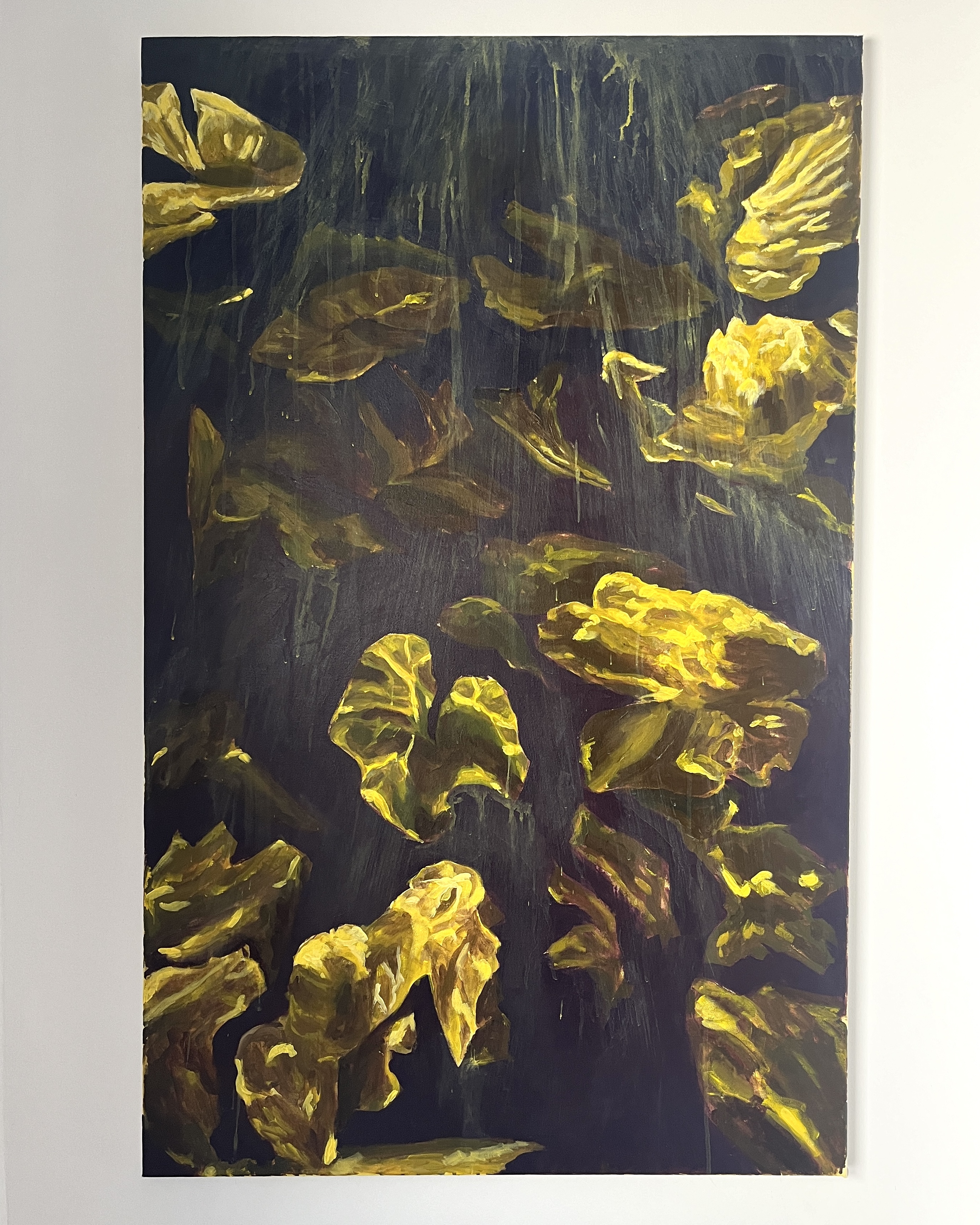 An acrylic painting depicting golden-yellow leaves drifting through a dark, atmospheric background. The leaves appear to be suspended in water or air, their edges curling and dissolving into streaks of paint that cascade downward like rain or movement beneath a surface. The deep, almost black background contrasts with the luminous, textured leaves, giving a sense of depth and quiet unease. The scene feels both organic and surreal, as if caught in a moment of slow, inevitable decay or transformation.acrylic painting, leaves, golden yellow, dark background, movement, organic shapes, fluidity, decay, transformation, contrast, atmospheric, dreamlike, submerged, dripping paint, abstraction