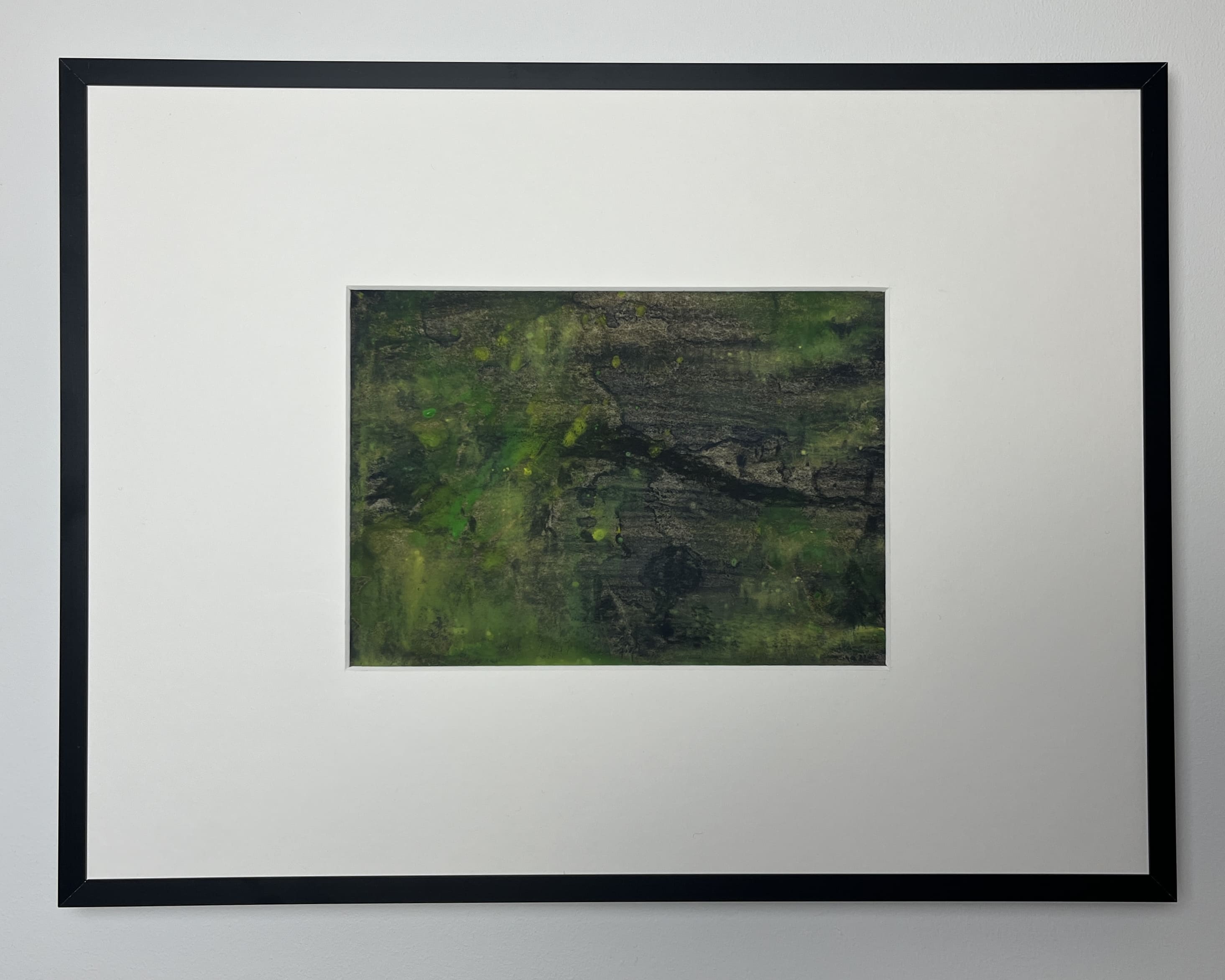 A small abstract painting framed with a wide white mat and black frame. The artwork features layered dark green, yellow, and black textures resembling algae or moss. The surface appears weathered and organic, with subtle hints of depth, as if viewed through murky water.