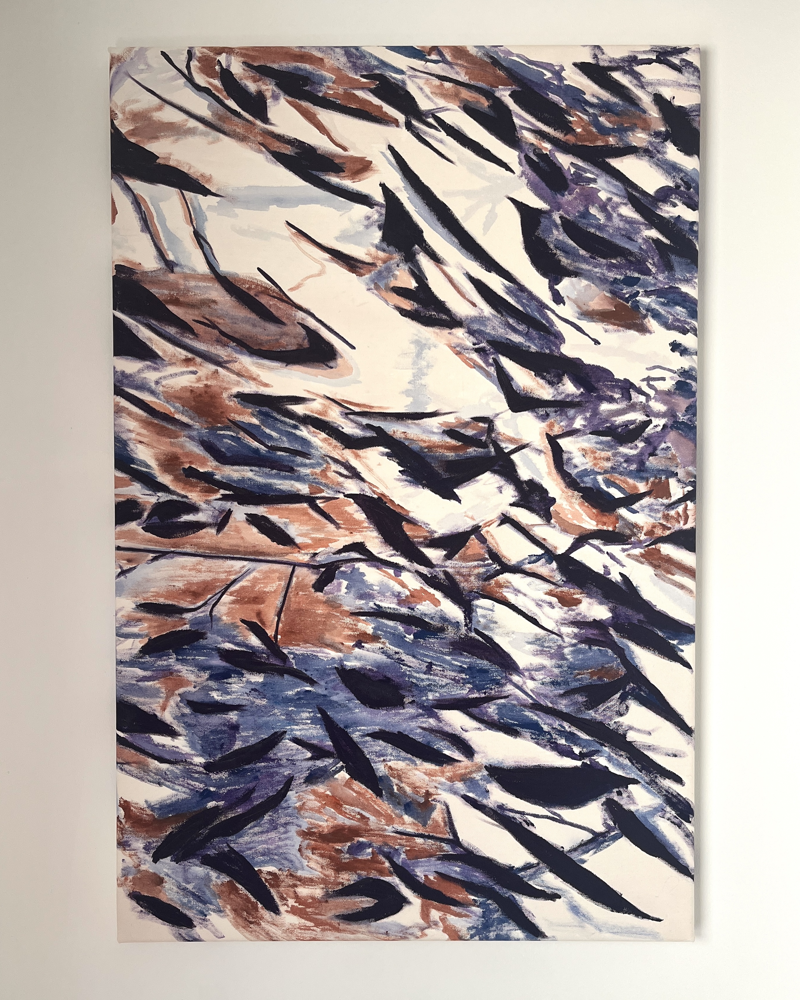 An abstract acrylic painting capturing the shifting shadows of leaves. Deep navy and rust-colored forms stretch and fragment across a pale background, resembling dappled light filtering through foliage. The sharp, angular shapes contrast with softer washes of blue and brown, evoking the fleeting, ever-changing nature of shadows cast by wind-blown branches. The interplay of light and dark creates a rhythmic tension, as if the scene is caught between stillness and motion.acrylic painting, shadows, leaves, abstract, movement, light and dark, navy blue, rust, pale background, organic shapes, fluidity, dappled light, fragmentation, atmospheric.